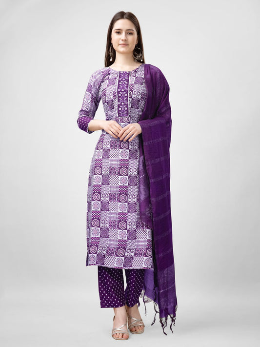 Purple Color Rayon Print with Embroidery and Fancy Lace Work Kurti Pant Dupatta