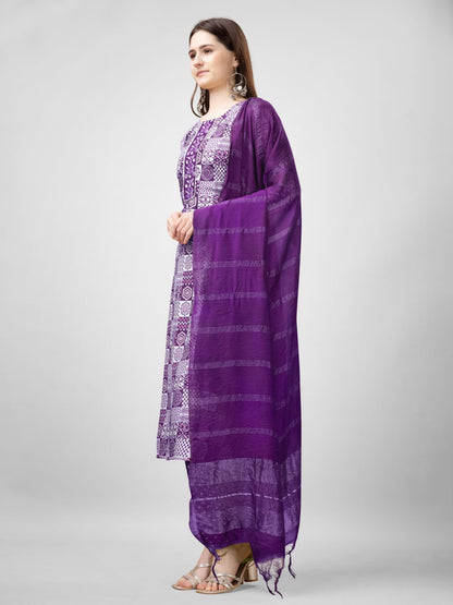 Purple Color Rayon Print with Embroidery and Fancy Lace Work Kurti Pant Dupatta