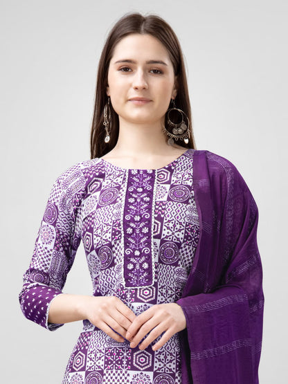 Purple Color Rayon Print with Embroidery and Fancy Lace Work Kurti Pant Dupatta