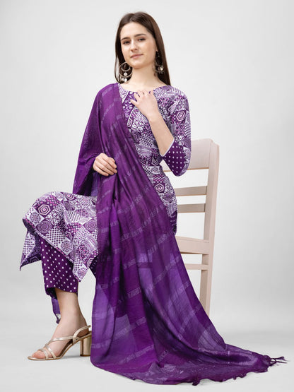 Purple Color Rayon Print with Embroidery and Fancy Lace Work Kurti Pant Dupatta