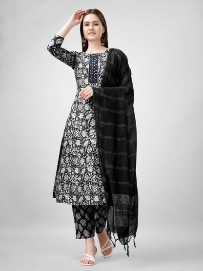 Black Color Rayon Print with Embroidery and Fancy Lace Work Kurti Pant Dupatta