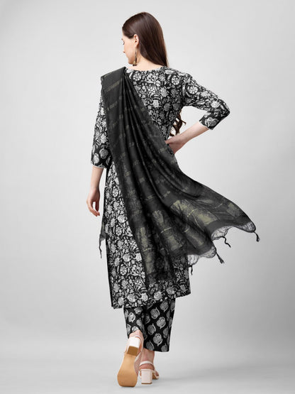 Black Color Rayon Print with Embroidery and Fancy Lace Work Kurti Pant Dupatta