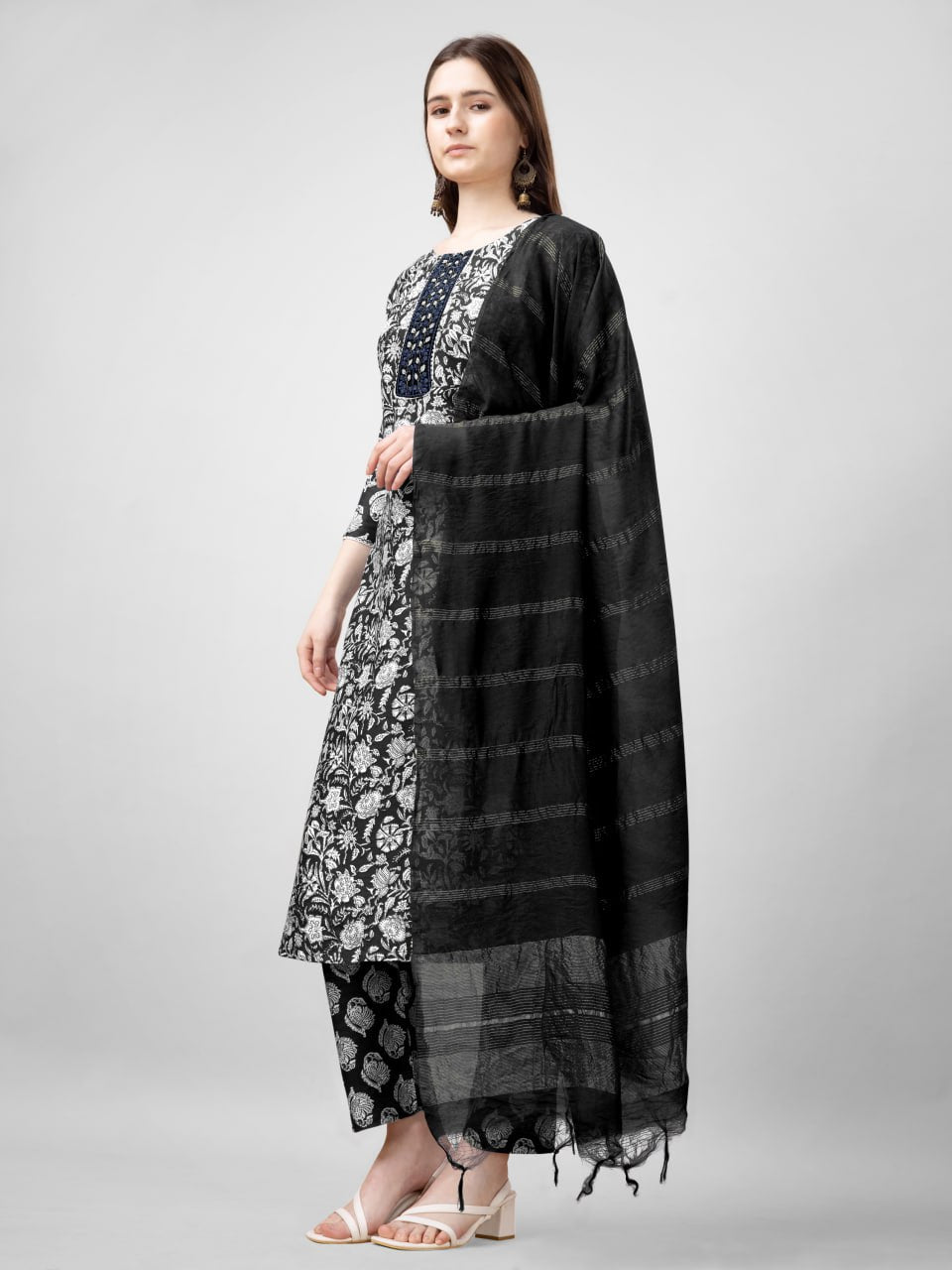 Black Color Rayon Print with Embroidery and Fancy Lace Work Kurti Pant Dupatta