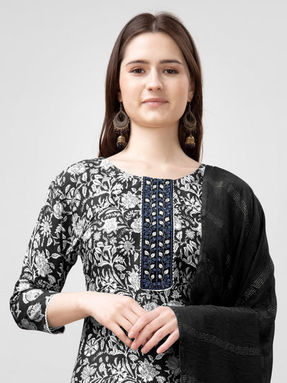 Black Color Rayon Print with Embroidery and Fancy Lace Work Kurti Pant Dupatta