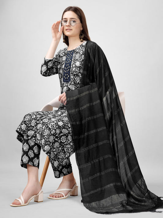 Black Color Rayon Print with Embroidery and Fancy Lace Work Kurti Pant Dupatta