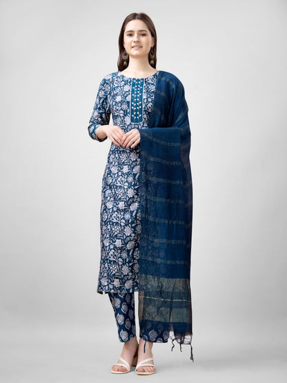 Morpich Color Rayon Print with Embroidery and Fancy Lace Work Kurti Pant Dupatta