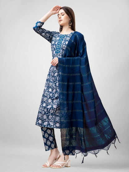 Morpich Color Rayon Print with Embroidery and Fancy Lace Work Kurti Pant Dupatta