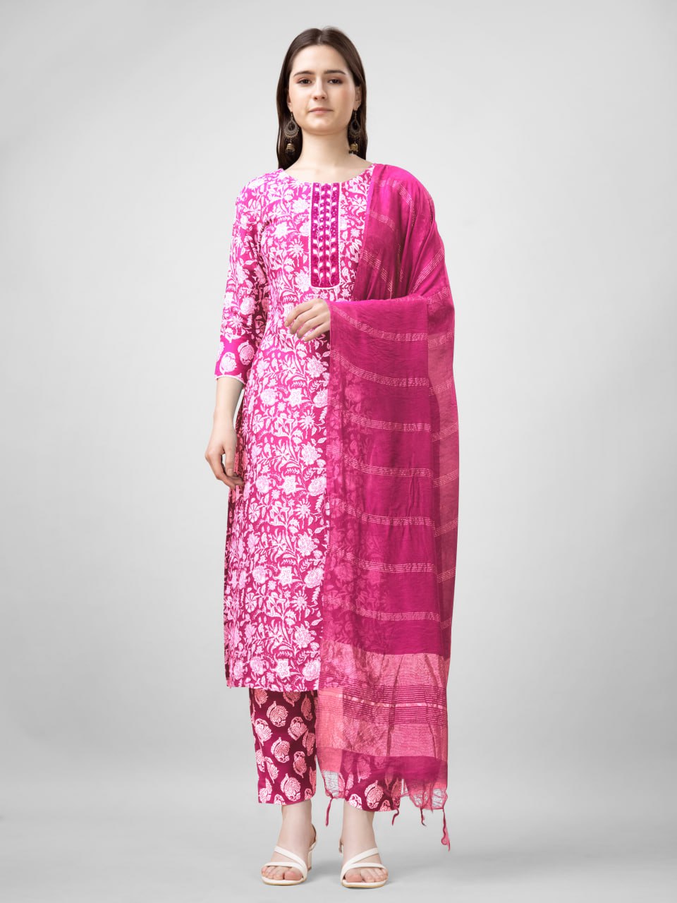 Pink Color Rayon Print with Embroidery and Fancy Lace Work Kurti Pant Dupatta