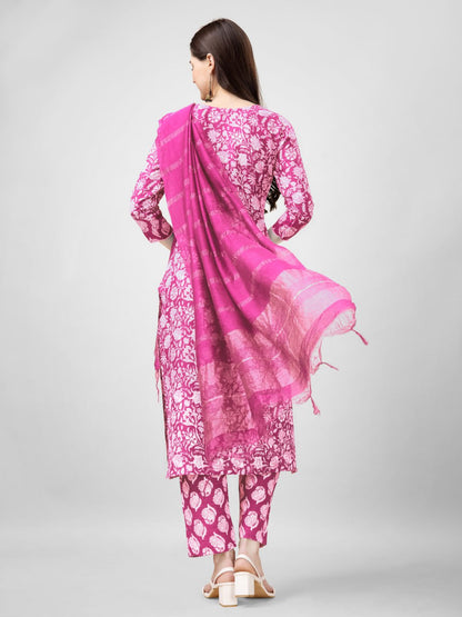 Pink Color Rayon Print with Embroidery and Fancy Lace Work Kurti Pant Dupatta