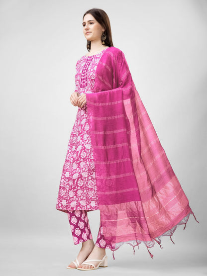 Pink Color Rayon Print with Embroidery and Fancy Lace Work Kurti Pant Dupatta