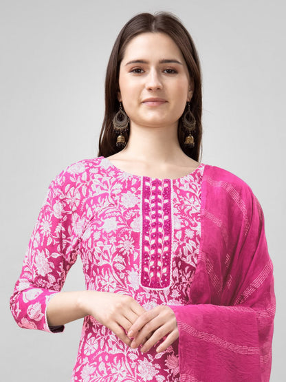 Pink Color Rayon Print with Embroidery and Fancy Lace Work Kurti Pant Dupatta