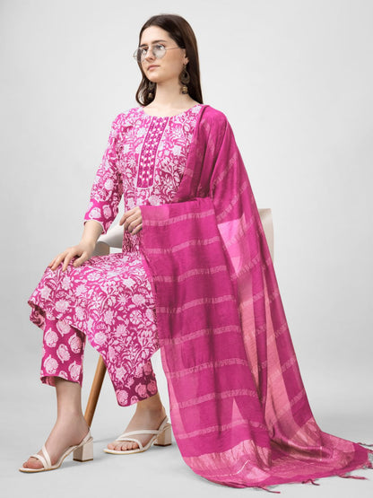 Pink Color Rayon Print with Embroidery and Fancy Lace Work Kurti Pant Dupatta