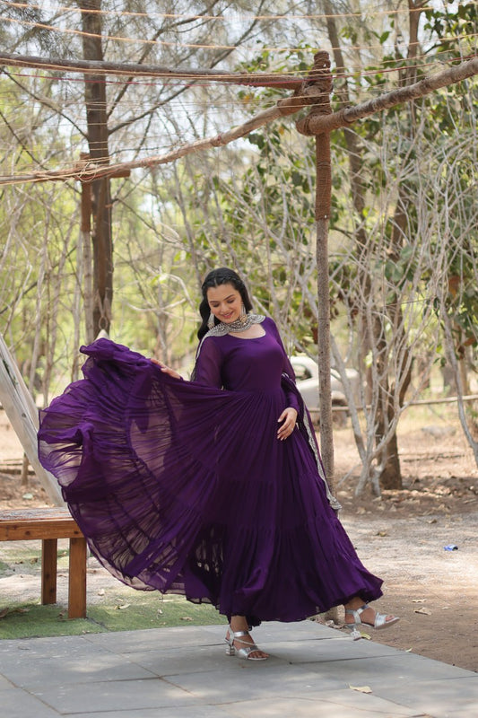 Purple Faux Georgette Faux Blooming With Rich Sequins Embroidered Work Gown