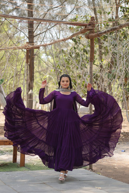 Purple Faux Georgette Faux Blooming With Rich Sequins Embroidered Work Gown