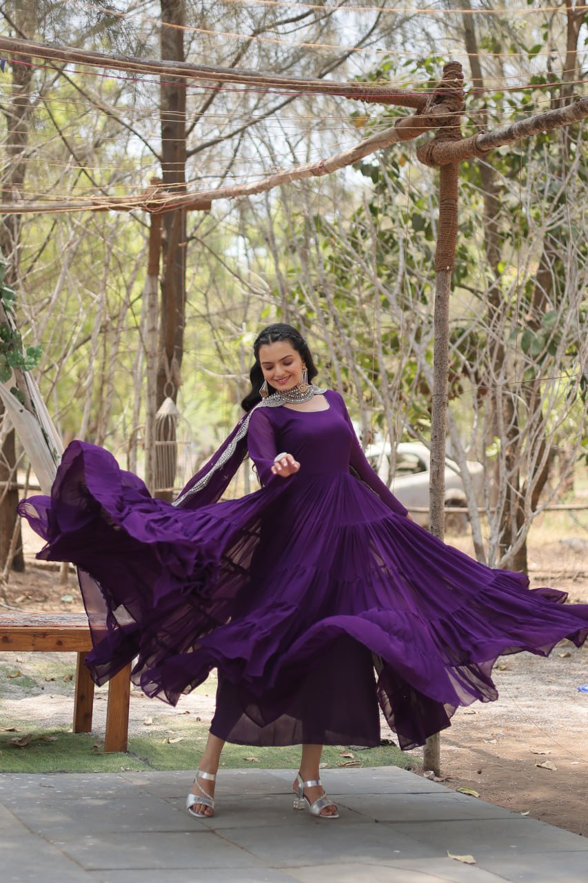 Purple Faux Georgette Faux Blooming With Rich Sequins Embroidered Work Gown