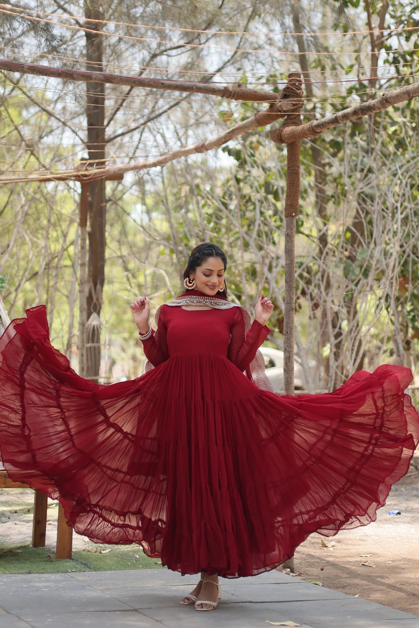 Maroon Faux Georgette Faux Blooming With Rich Sequins Embroidered Work Gown