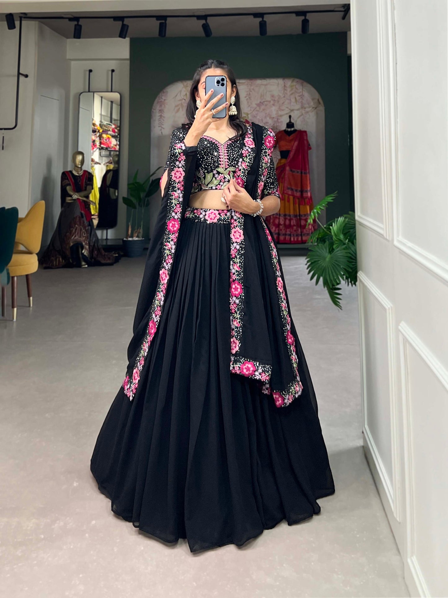 Black Color Sequins With Thread Embroidery Work Georgette Lehenga Choli