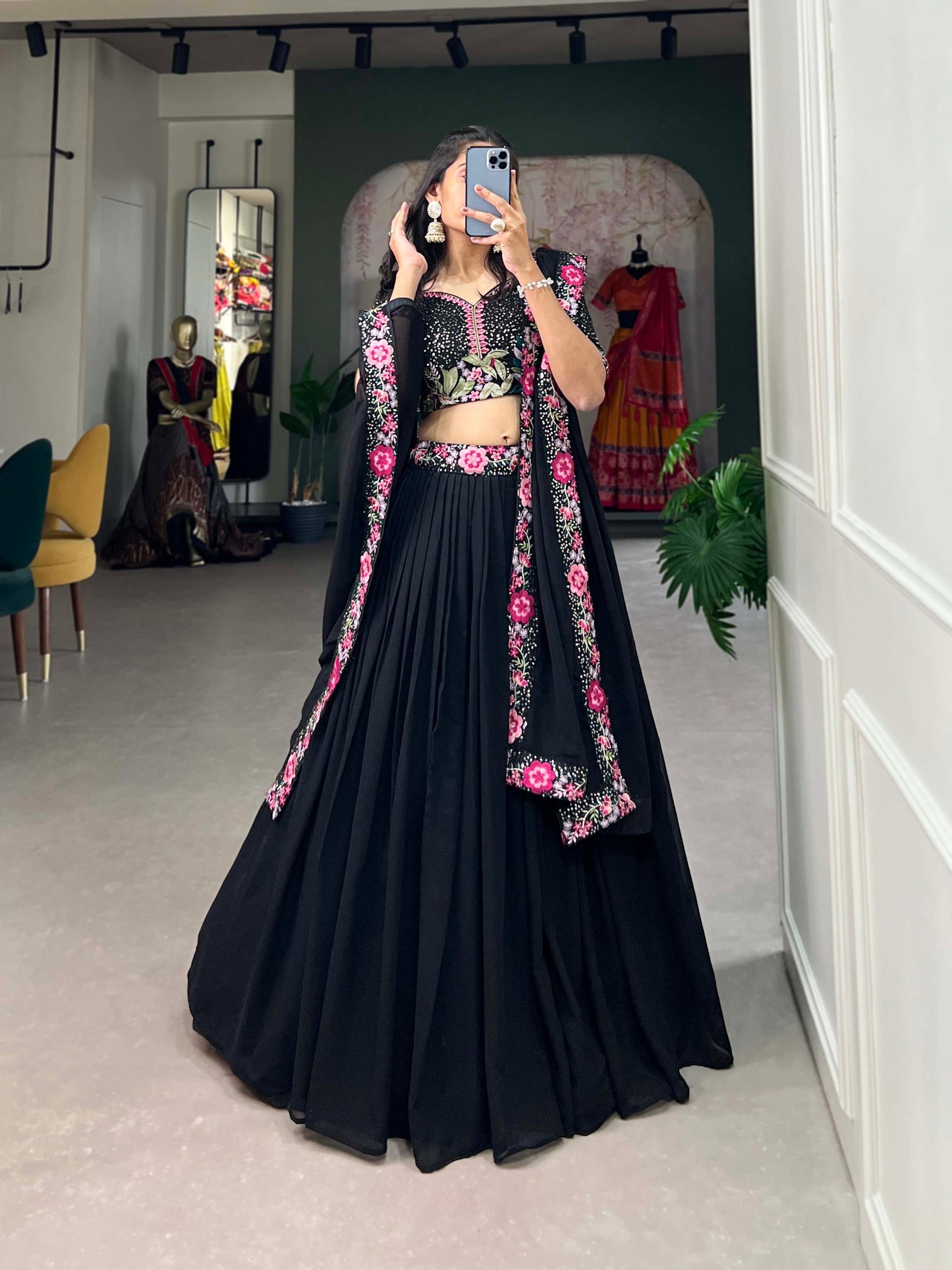 Black Color Sequins With Thread Embroidery Work Georgette Lehenga Choli