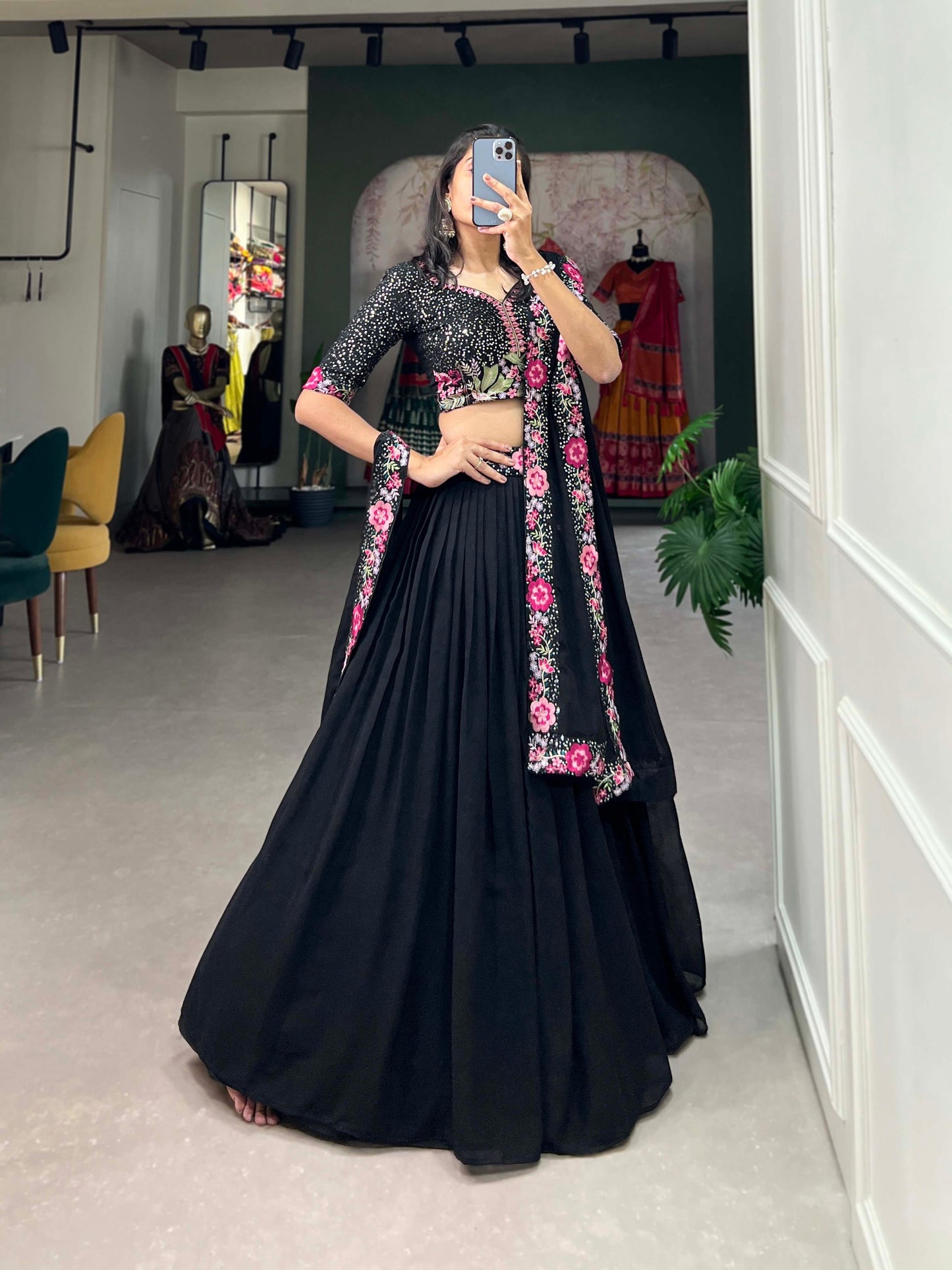 Black Color Sequins With Thread Embroidery Work Georgette Lehenga Choli