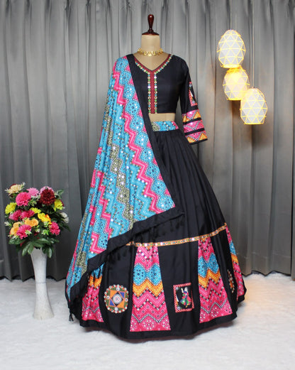 Black Pink Fancy Digital Print Work With Real Mirror Work Navratri Lehenga Choli