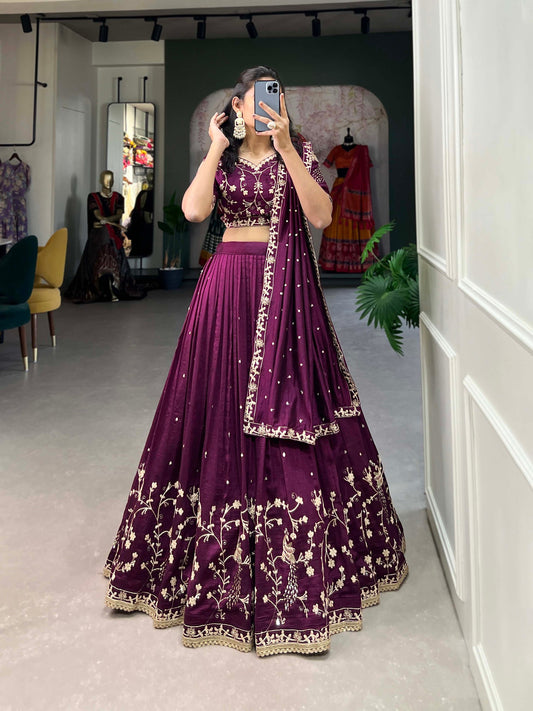 Wine Color Sequins And Thread Embroidery Work Vichitra Silk Lehenga Choli