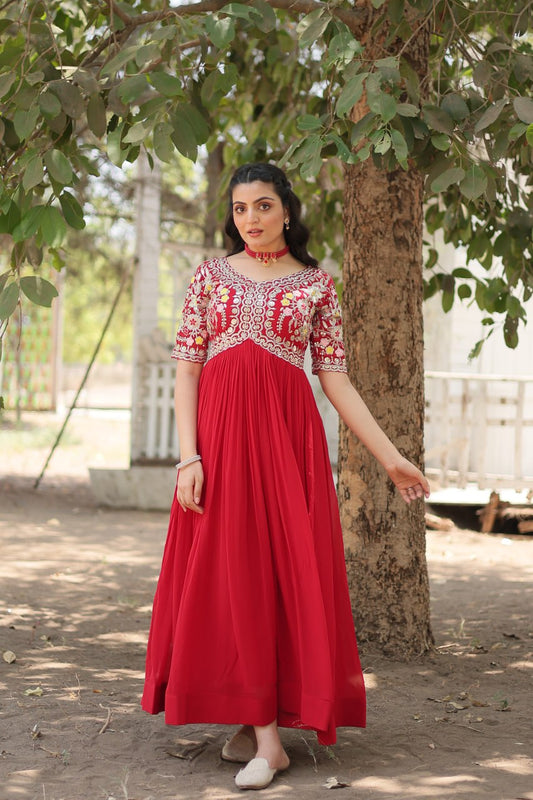 Red Color Faux Blooming with Embroidery Zari Sequins Work