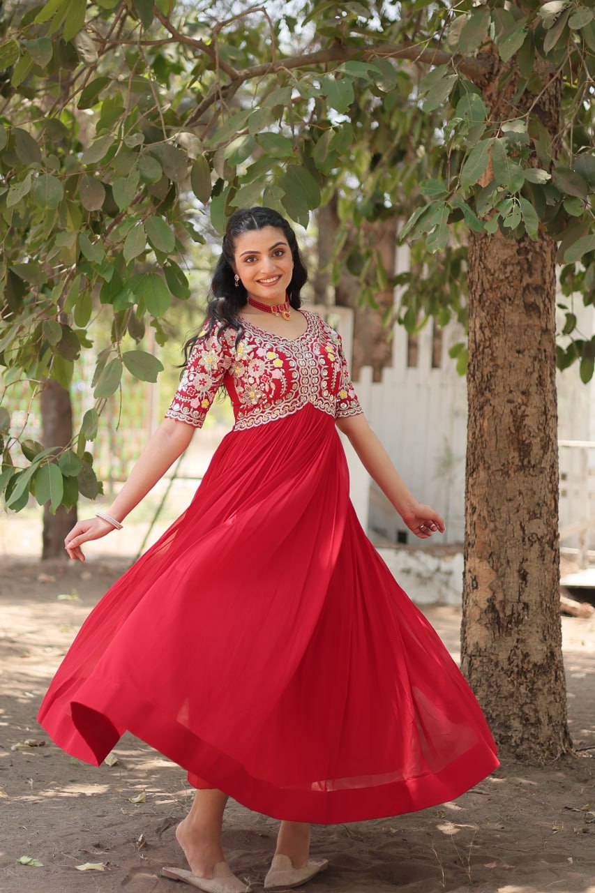 Red Color Faux Blooming with Embroidery Zari Sequins Work