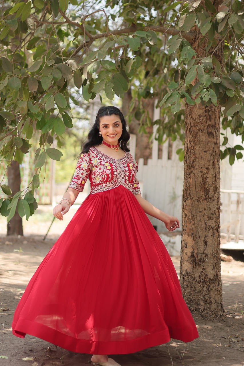 Red Color Faux Blooming with Embroidery Zari Sequins Work