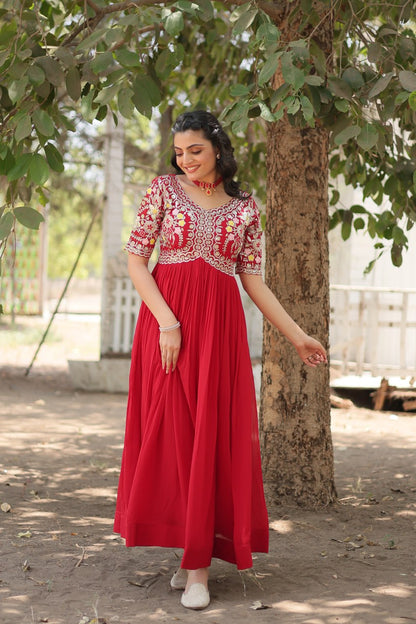 Red Color Faux Blooming with Embroidery Zari Sequins Work