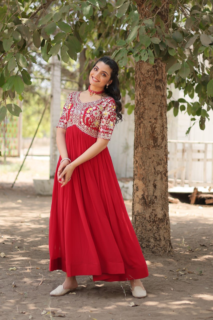 Red Color Faux Blooming with Embroidery Zari Sequins Work