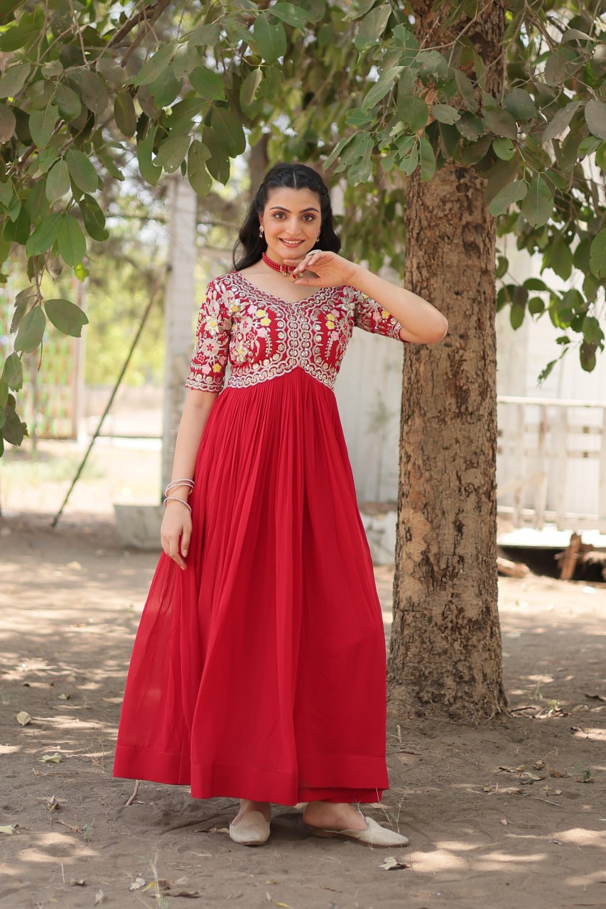 Red Color Faux Blooming with Embroidery Zari Sequins Work