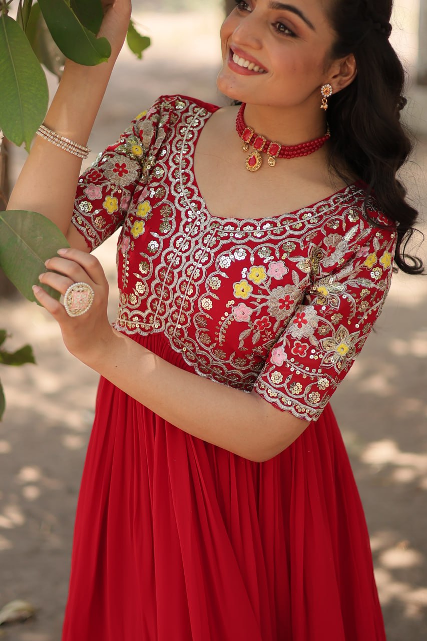 Red Color Faux Blooming with Embroidery Zari Sequins Work