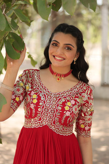 Red Color Faux Blooming with Embroidery Zari Sequins Work