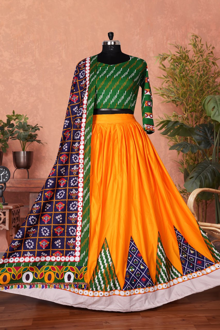 Turmeric Color Fancy Digital Print Soft Butter Silk Real Mirror Work Navaratri Lehenga Choli