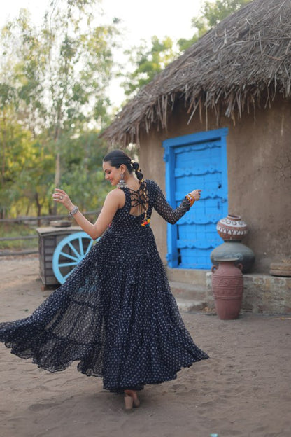 Black Bandhani Print Work With Kutchi Patchework In Faux Georgette Gown