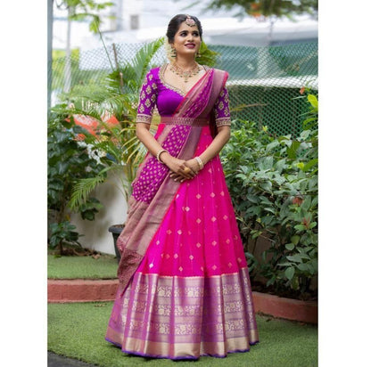 Pink Kanjiveram Silk Zari lehanga with blouse along with Heavy Jacqurad Zari Duppta