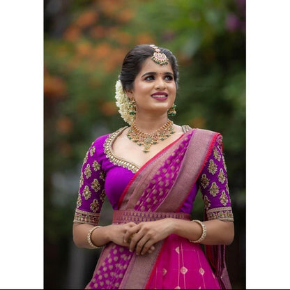 Pink Kanjiveram Silk Zari lehanga with blouse along with Heavy Jacqurad Zari Duppta