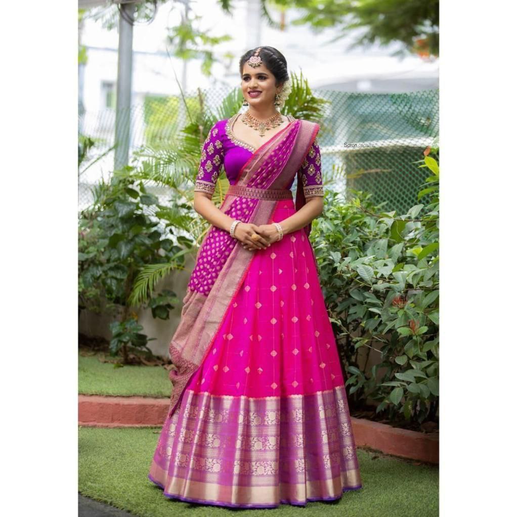 Pink Kanjiveram Silk Zari lehanga with blouse along with Heavy Jacqurad Zari Duppta