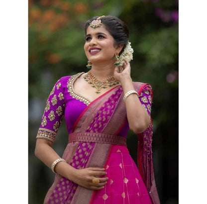 Pink Kanjiveram Silk Zari lehanga with blouse along with Heavy Jacqurad Zari Duppta