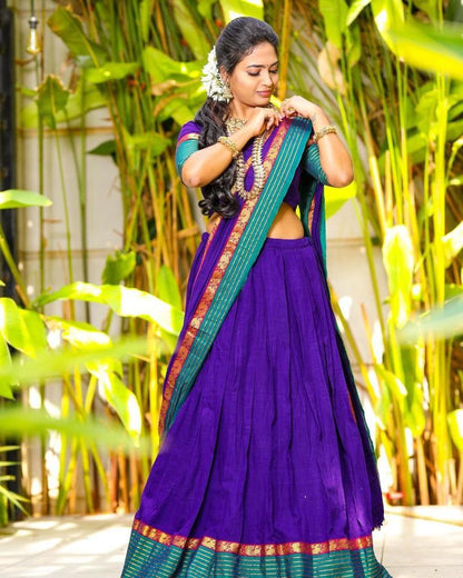 Grim Purple Kanjiveram Silk Zari Lehanga With Blouse Along With Heavy Georgette Lace Border  Duppta