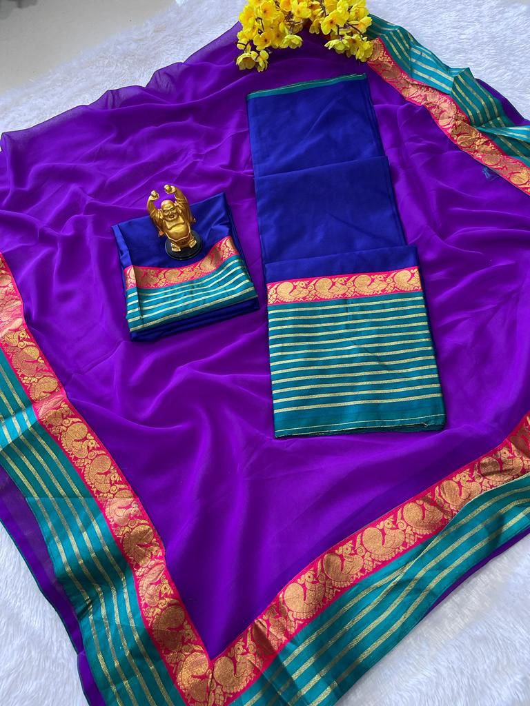 Grim Purple Kanjiveram Silk Zari Lehanga With Blouse Along With Heavy Georgette Lace Border  Duppta