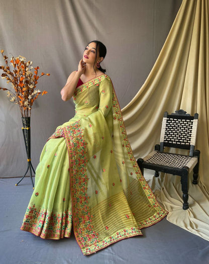 Line  Green Pure Tussar Silk Saree All Over Kashmiri Work And Beautiful Panel With Attractive Mottifs And Chitt Weaved Pallu