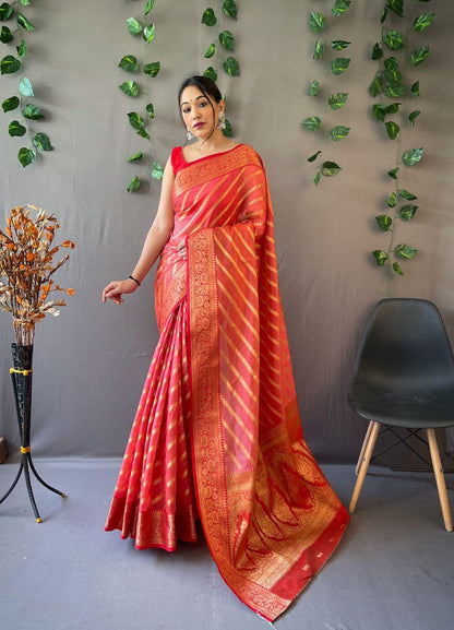 Berry Red Organza Weaved Saree With Jacquard Border