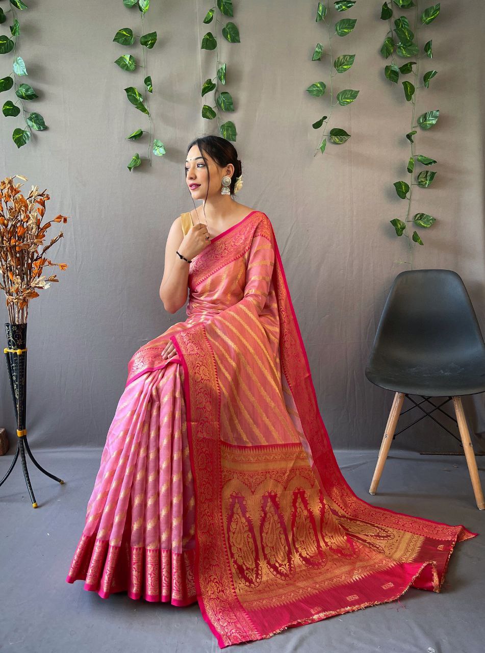 Pink Organza Weaved Saree With Jacquard Border