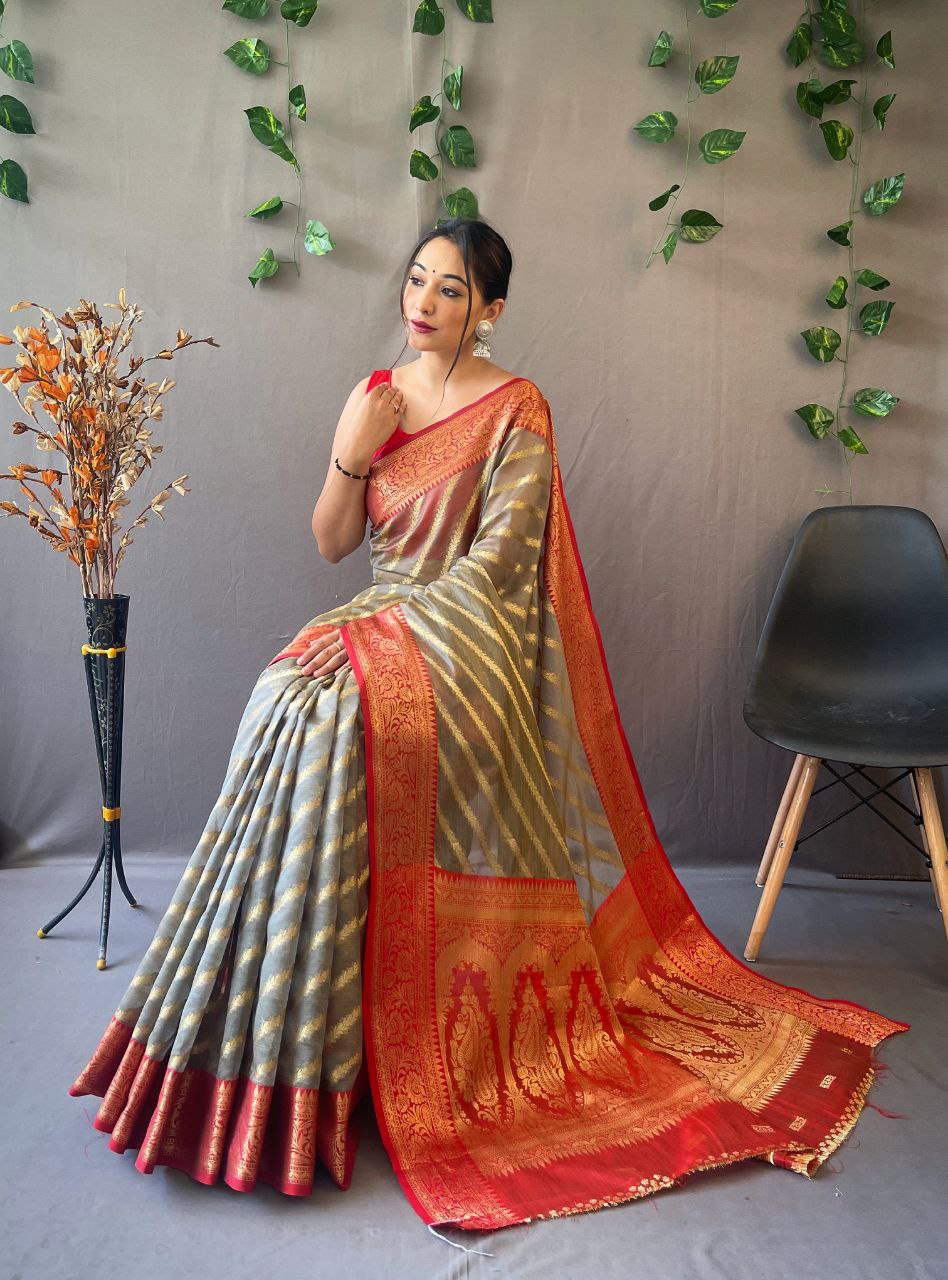 Gray Organza Weaved Saree With Jacquard Border