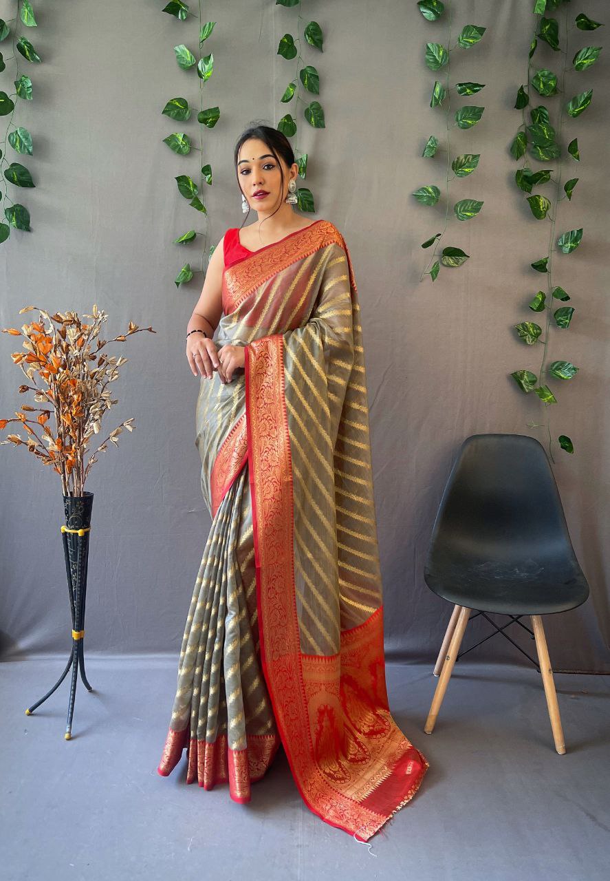 Gray Organza Weaved Saree With Jacquard Border