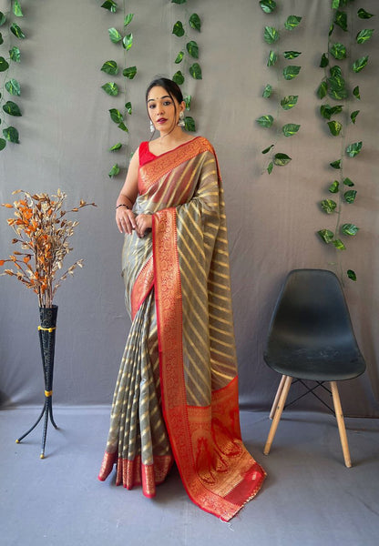 Gray Organza Weaved Saree With Jacquard Border