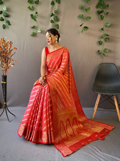 Berry Red Organza Weaved Saree With Jacquard Border