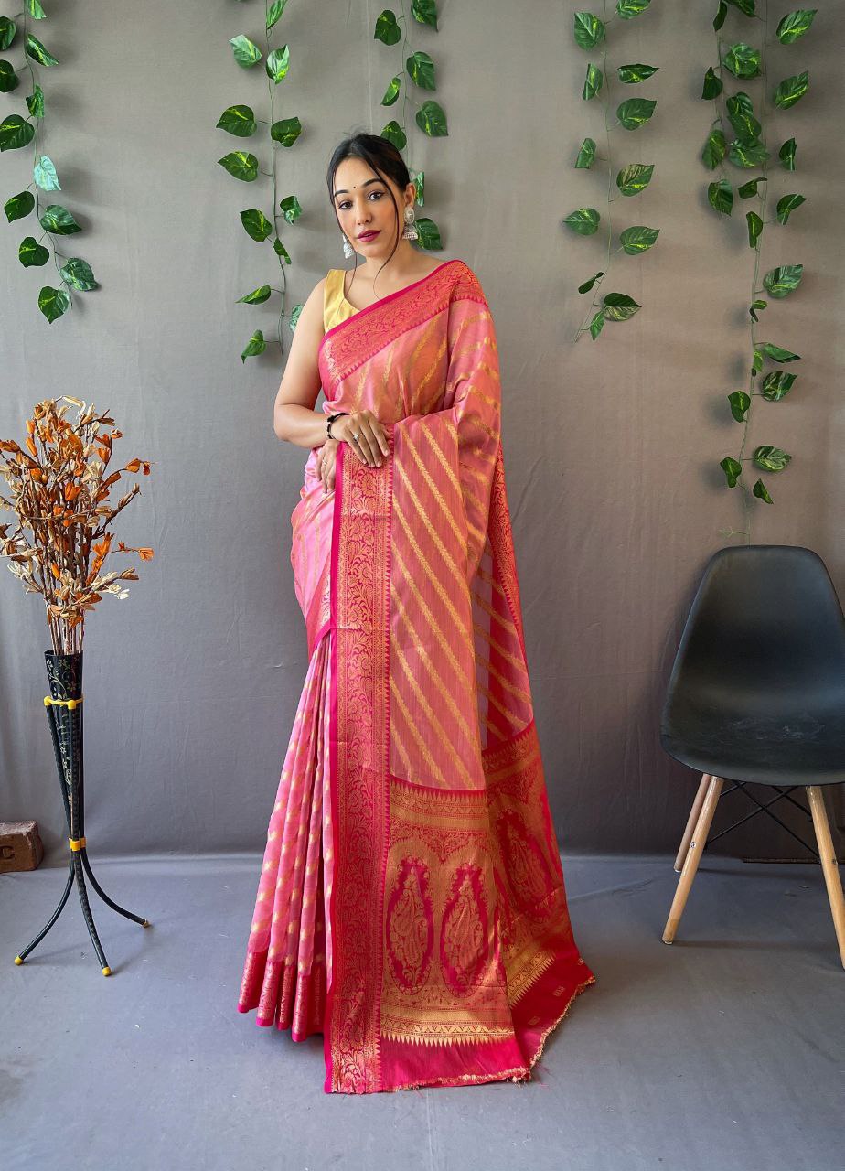 Pink Organza Weaved Saree With Jacquard Border