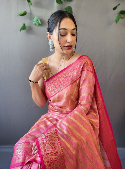 Pink Organza Weaved Saree With Jacquard Border